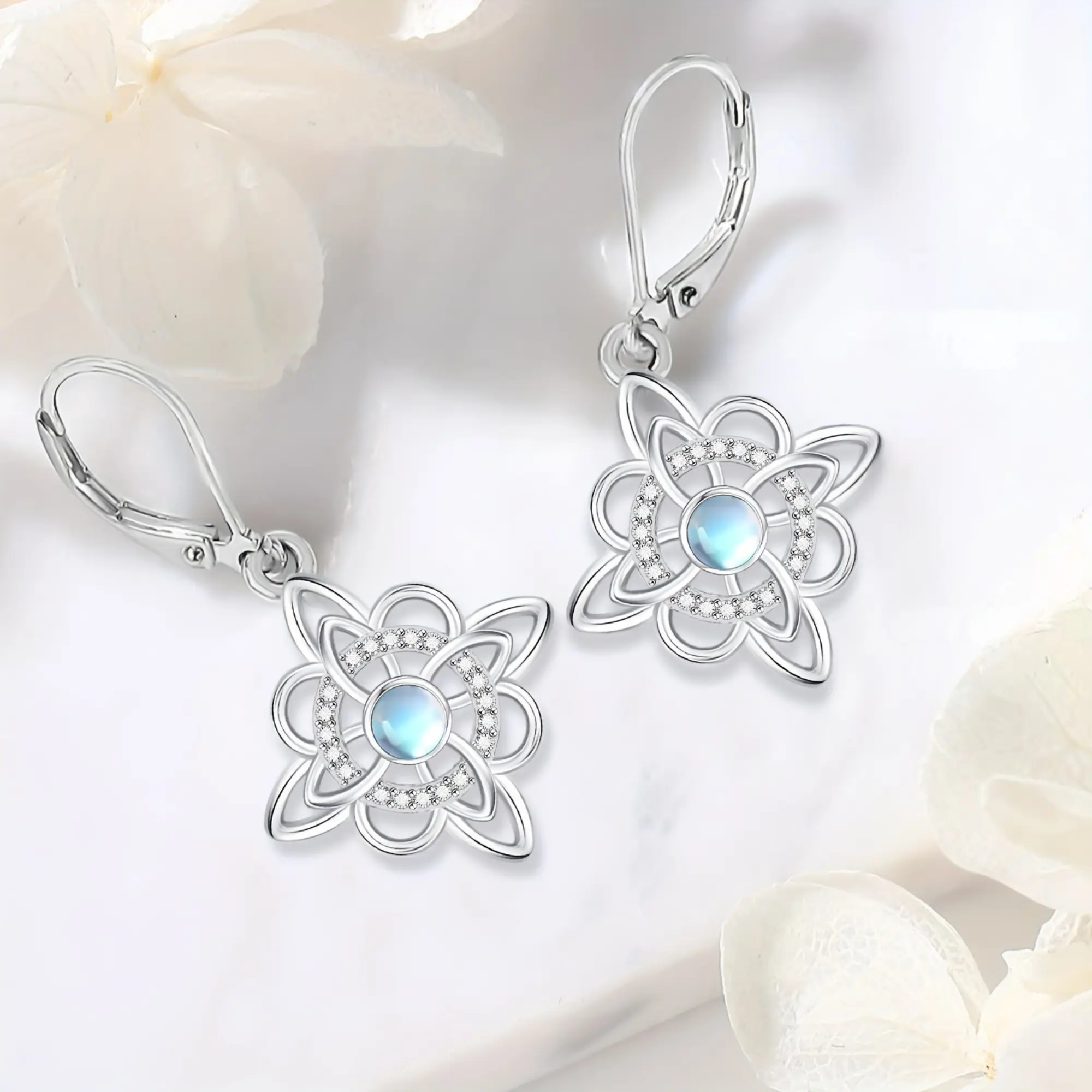 S925 Sterling Silver Witch Knot Earrings Synthetic Moonstone & Cubic Zirconia Dangle Earring, S925 Mother's Day Plata Aretes de Nudo de Bruja con Piedra Luna