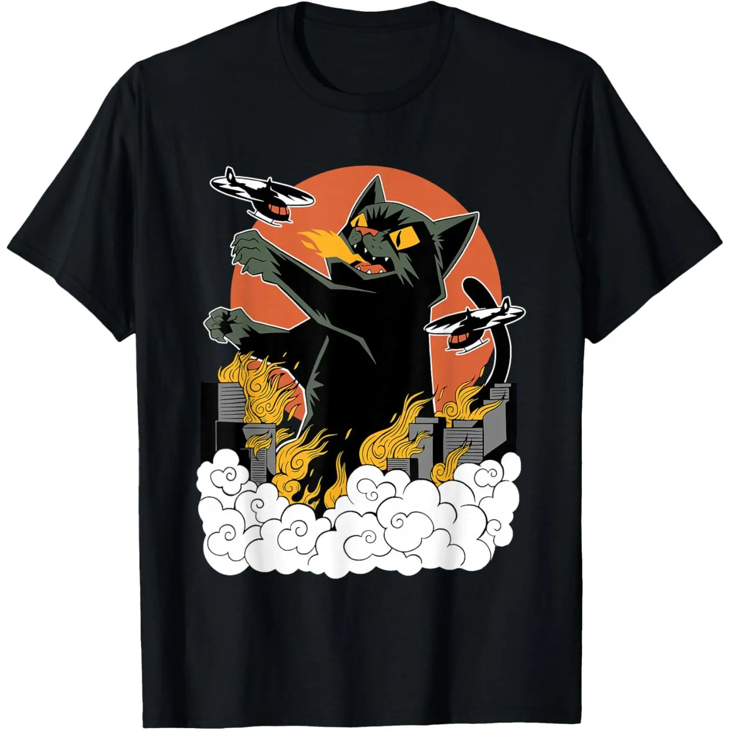 Men's Black Japanese Catzilla Sunset Graphic T-Shirt - Classic Fit, Pure Cotton, Round Neck, Short-Sleeve, Casual, Natural Fabric, Fitness Menswear Top, Gifts for Men