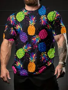 Neon pineapple graffiti 3D digital printed T-shirt, casual versatile men's crew neck short sleeve sports top, suitable for daily wear and an ideal festival gift for men