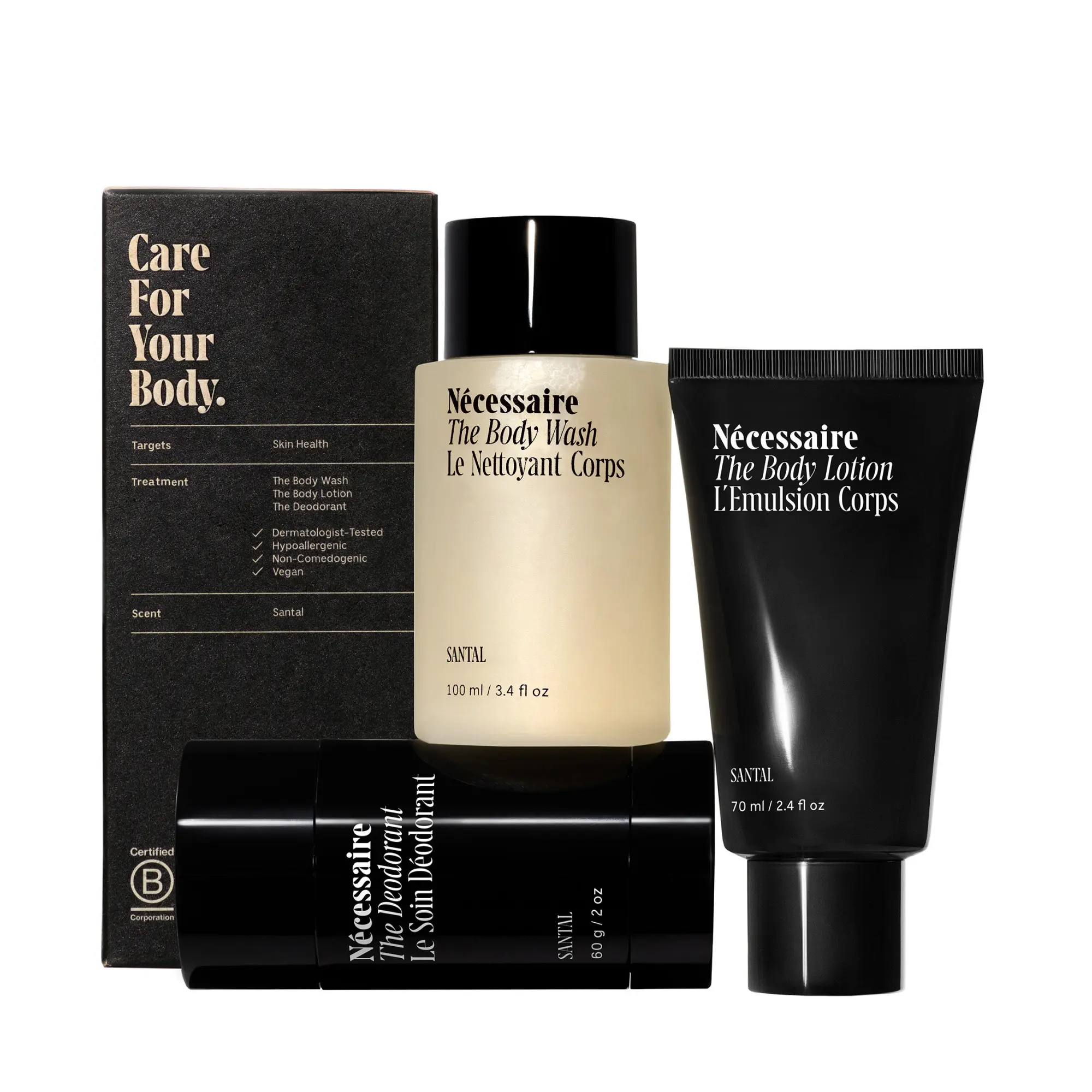 Nécessaire Santal Body Essentials Set – Travel-Size Body Wash, Body Lotion + Deodorant | For Women + Men | Dermatologist-Tested. Hypoallergenic. Vegan | Aluminum-Free Deodorant