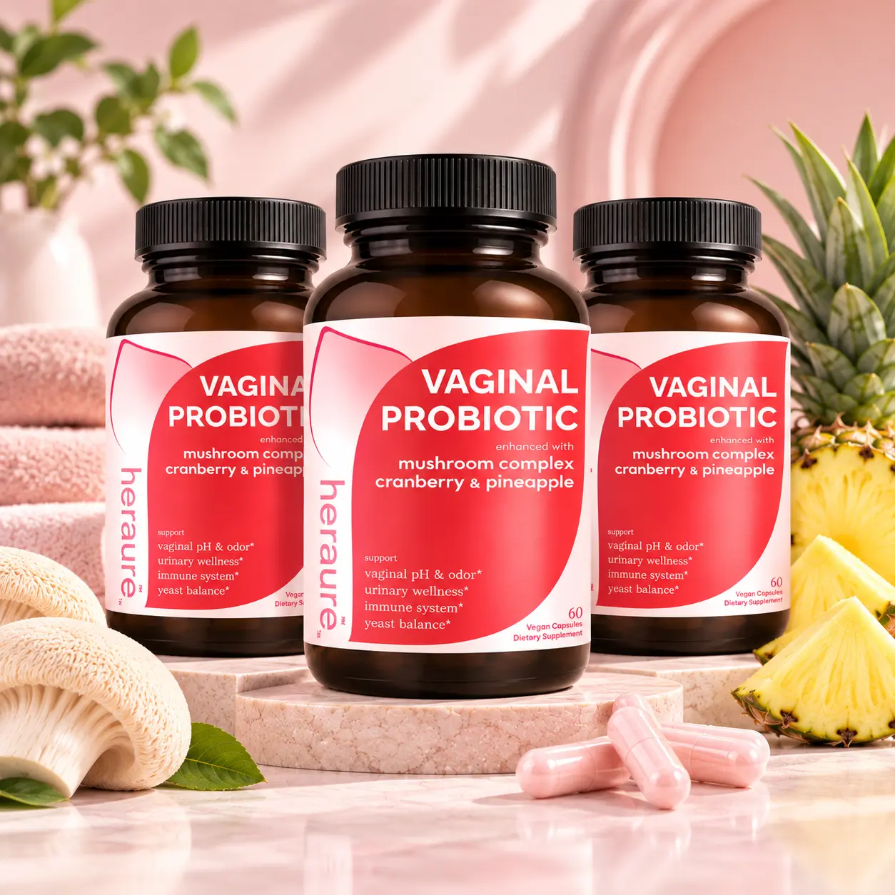 Women's Intimate Flora Support Probiotic Capsules, 7B CFU, 5 Lactobacillus Strains, 7-in-1 Mushroom Complex, Cranberry Pineapple Extract & GOS Prebiotic