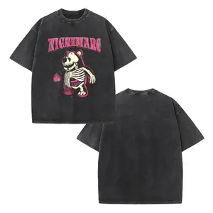 Nightmare Skeleton Bear Vintage Washed T-Shirt Oversized Dark Cartoon Graphic Streetwear Tee