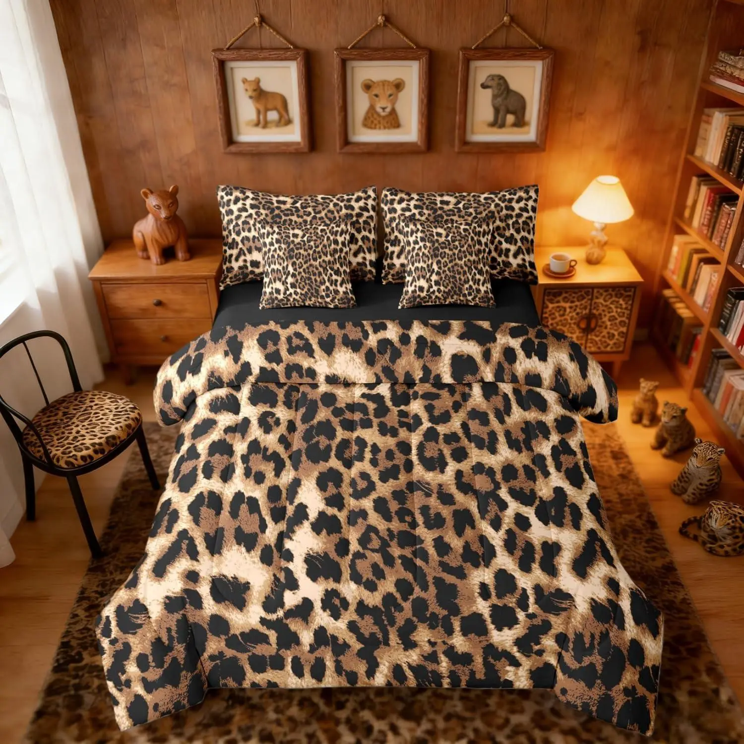Feelyou 7-Piece Cheetah Print Bed Comforter Set - Black Brown Leopard Print, African Animals Patterns, Breathable Lightweight Reversible Comforter, Fitted Sheet, Multi-Size, Machine Washable (Queen Option), Beautiful Patterns Bedding Sets Collections