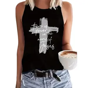 Gray Brush Stroke Cross There Is Power In The Name Of Jesus Cursive Script Graphic Tank Top For Women, Religious Faith Inspirational Church Worship Sleeveless Casual Shirt, Spiritual Believer Summer Daily Outfit