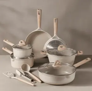 Eco Modern Collection 13 Piece Nonstick Die Cast Aluminum Cookware Set with Wooden Soft Touch, Lightweight Design for Easy Handling