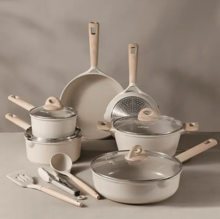 Eco Modern Collection 13 Piece Nonstick Die Cast Aluminum Cookware Set with Wooden Soft Touch, Lightweight Design for Easy Handling