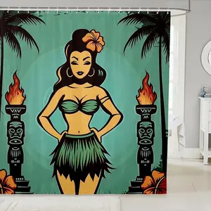 Tiki Bar Bath Curtain, Vintage Hula Girl Bathroom Curtains Tropical Hawaii Theme  Shower Curtains,Tropical Botanical Palm Tree Bathroom Accessories