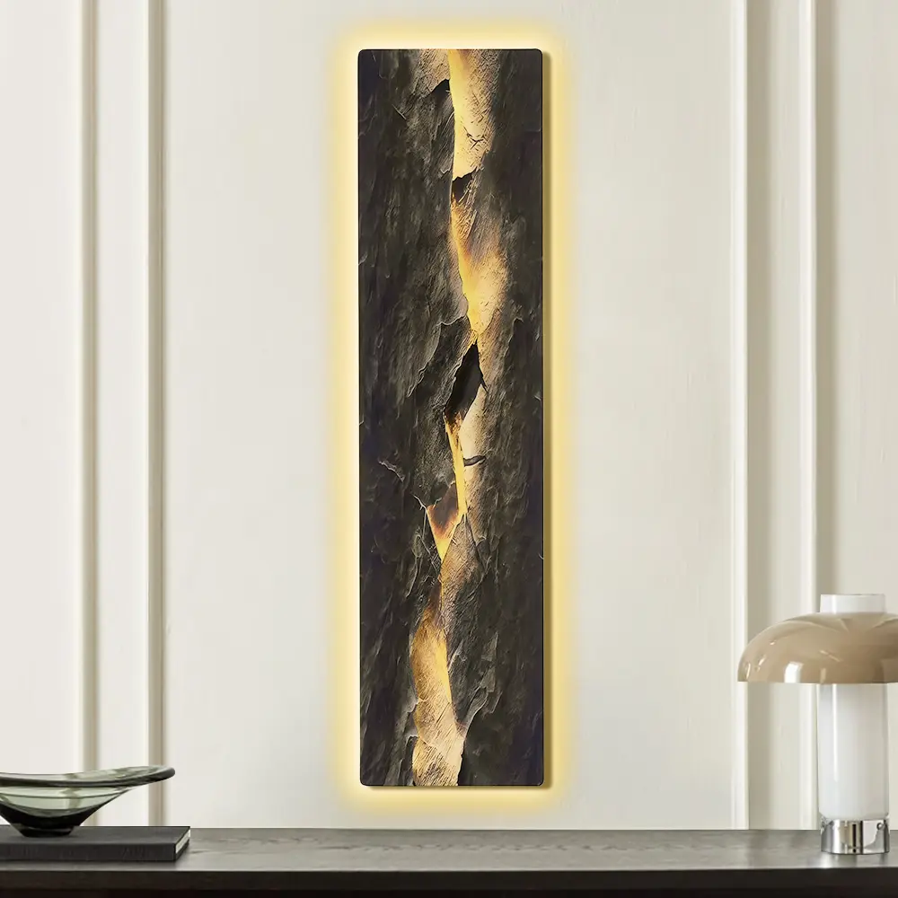 HOMARY Woody Modern Abstract LED Backlit Photo Print Wall Art - USB-Powered Rectangular Engineered Wood with Textured Stone Pattern, Living Room Home Decoration