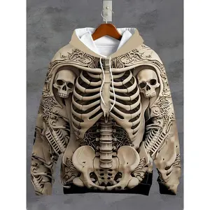 1pc Men’s novelty skeleton print hoodie – casual polyester long-sleeve sweatshirt with hood, knit fabric with slight stretch, regular fit, striped pattern – fashionable novelty sleepwear and loungewear