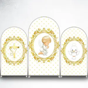 15-day 2D Flat Delivery Gold Framed Praying Angel Arch Backdrop Cover for Baptism and Christening Events
