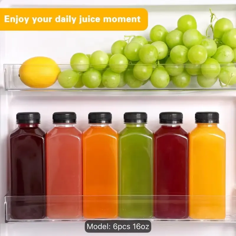 Kitchen 6-Pack 16oz Transparent Plastic Juice Bottles with Caps, Ideal for Storing Water, Smoothies