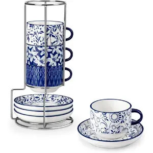 8 Ounce Stackable Porcelain Cappuccino and Espresso Cups with Saucers and Metal Stand Set of 4 Classic Printed Tea Cup Set for Coffee Drinks Latte Vintage Blue Ideal for Home Use