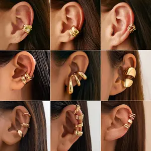 Trendy 9-Piece Gold Plated Ear Cuff Collection, Smooth/Textured Geometric Ear Clips, No Piercing Statement Earrings for Daily Wear&gold summer