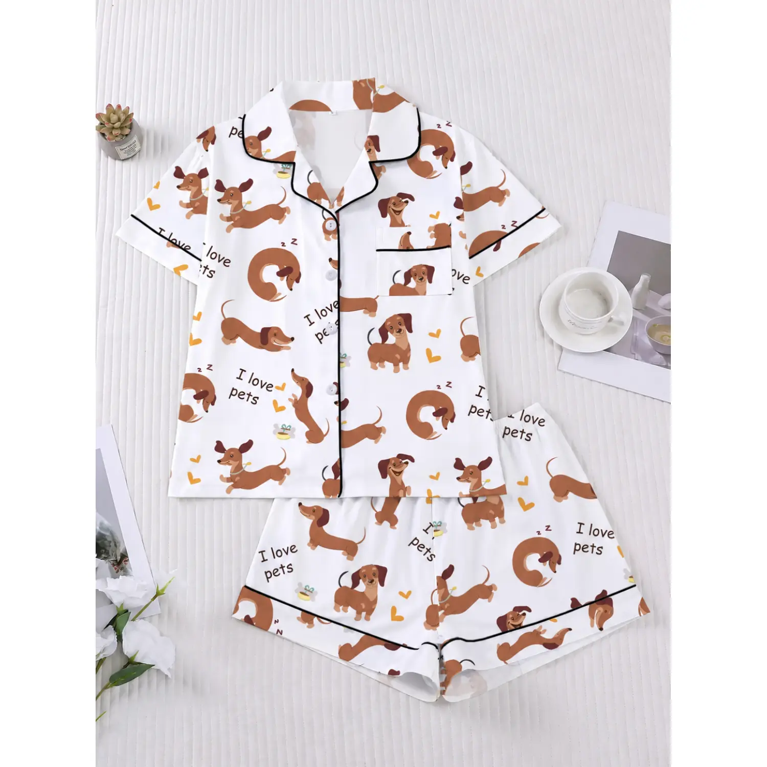 Chic Women's Cartoon Pug Pajama Set - Comfy Short Sleeve Button-Up Shirt & Elastic Waist Shorts Pajamas for All Seasons