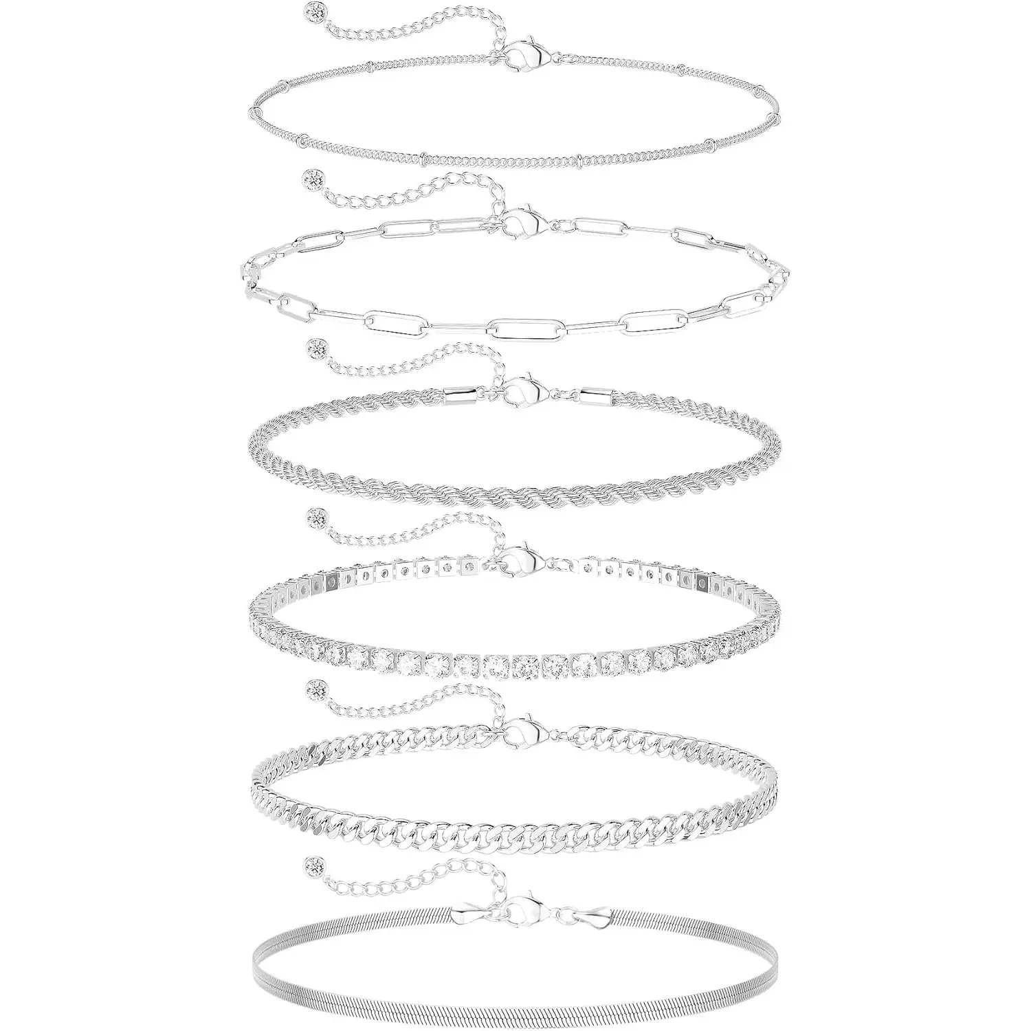 Women's Hypoallergenic Layered Anklet Set - Waterproof Silver Chain Link Styles (Cuban, Herringbone, Satellite, Paperclip) with Lobster Clasp, Engagement & Youth Female Pick, Great for Sensitive Skin, Summer Beach Gift