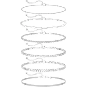 Dainty Silver Ankle Bracelets for Women Waterproof, Silver Anklets Jewelry Layered Cuban Chain Herringbone Cute Anklets Set Pack Summer Beach Gift for Women Teen