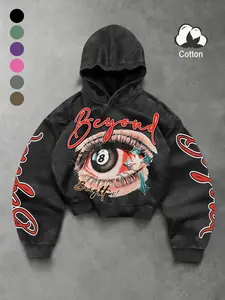 Vintage Washed Eye Ball Cotton Graphic Hoodie with Cross Lip Nail Print, Casual Loose Fit Design for Spring & Fall, Perfect for Friends Gatherings and Daily Campus Wear, Sweatshirts, Graphic Hoodies