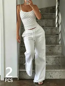 Women's Strapless Sleeveless Vest & Long Pants Set, Womenswear Fitted Streetwear Hip Hop Rap Dance Motorcycle Youth Holiday Casual Fashion