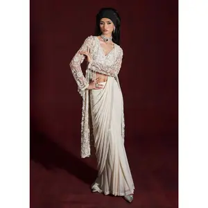 Hala ivory draped saree and jacket set