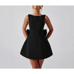 Summer Women's Pearl Bow Fashion Slim Short Dress Backless Hot Girl A-line Dress Acetate Satin Solid Color High Waist Sleeveless Elegant Temperament