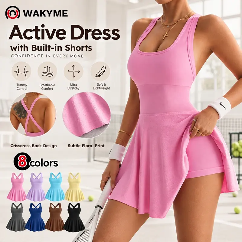WAKYME Women's U-Neck Tummy Control Seamless Skort Sports Knitted Dress with Removable Padding & Backless Design,  Womenswear Compression Fit Ribbed Fabric Tummy Control Casual & Elegance Tennis Skirt summerwins