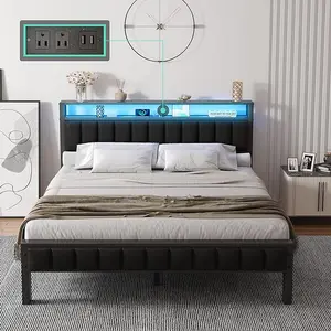 VanAcc Metal Bed Frame with  2-Tier Faux Leather Storage Headboard, Modern Platform Bed with Charging Station and LED Lights, No Box Spring Needed