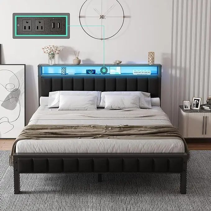 [TikTokShopfalldealsforyou] AMERLIFE Modern Metal Bed Frame, Wood & Faux Leather Headboard with Charging Station & 2-Tier Storage Space/No Box Spring