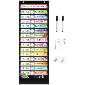 15+1 Pockets Daily Schedule Pocket Chart with 30 Pcs Double-Sided Reusable Cards, Scheduling Pocket Chart for Classroom Office Home School Activity(Black)