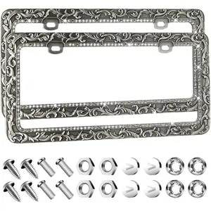 Metal  License Plate Frames,Antique Old  Printing, Bling  Rhinestones Inlaid,Universal 2 Holes Automotive Replacement Parts Plate Holder(2 Pack)