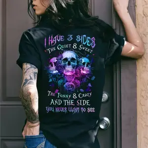 Have 3 Sides Quiet Sweet Funny Crazy You Never Want to See Skull Shirt – Colorful Skull Attitude Graphic T Shirt for Women – Bad Girl Aesthetic Rose Skull Sweatshirt