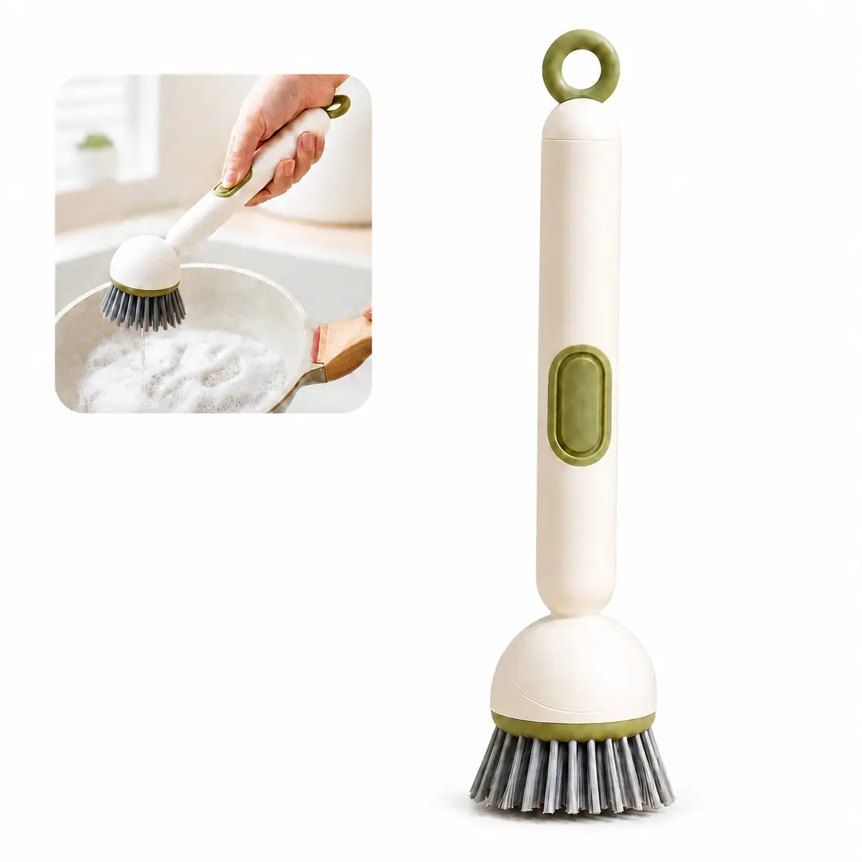 Soap Dispensing Dish Brush with Long Handle, Rotating Kitchen Scrub Brush for Pots and Pans, Stiff Bristle Cleaning Brush, Built-in Liquid Dispenser, Durable Dishwashing Scrubber for Sink, Stove, Cookware, Dishes