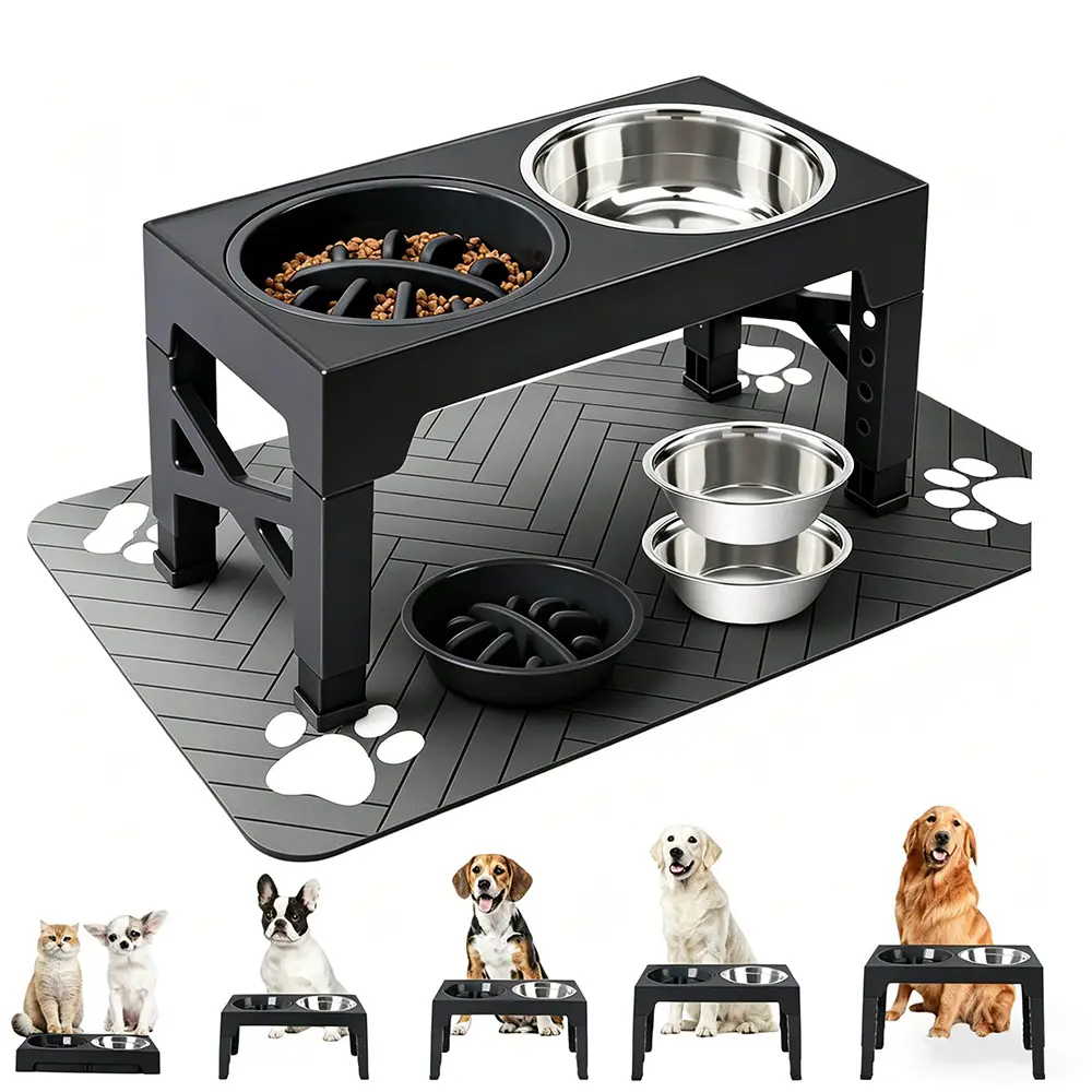 1Set Elevated Dog Bowls with Adjustable Heights Stand with Absorbent Pet Placemat Kit, Stainless Steel Bowls with with Waterproof Rubber Backing, Quick Dry Water Dispenser Mat for Small to Large Dogs and Cat