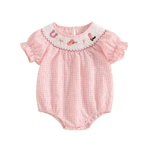 Western Newborn Baby Girl Plaid Smocked Bubble Romper Cute Bow Embroidery Puff Short Sleeve Summer Onesie Bodysuit Outfits #Springtok