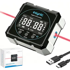 eSynic Durable Digital Level Box with Laser-Type-C Rechargeable 4-Side Magnetic Angle Gauge – 0.05° Resolution-Backlit LCD-for Woodworking/Construction/Auto Repair/Carpenters (Laser Level: Class II)