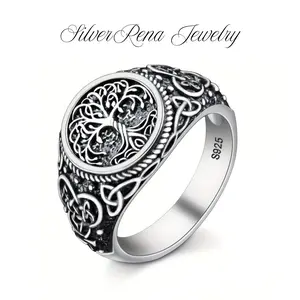 S925 Mother's Day Vintage Tree of Life Ring Celtic Knot Design Ring for Men Women, Yggdrasil the Norse Mythology Symbol, Pagan Symbole Jewelry, Spiritual Gift for Protection, with Exclusive Gift Box