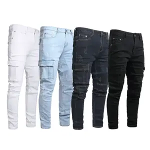 JUNBAOSS 4-Pack Men's Slim Fit Stretch Jeans Cargo Skinny Jeans for Men, Distressed Straight Leg Fashion Casual Comfort Flex Waist Denim Pants, Menswear Trouser Streetwear Jean with Plain Pockets Beige Black Fabric Classic