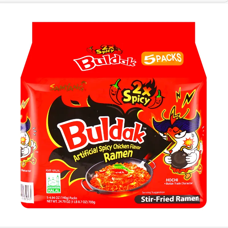 Samyang Korean Buldak Extra Spicy Instant Ramen Noodles - 5 Packs/Bag, 700g Wheat Flour Ambient Packs, Egg-Containing Buldak Noodles for Spicy Food Lovers, Quick Meals, Super Spicy Instant Noodles