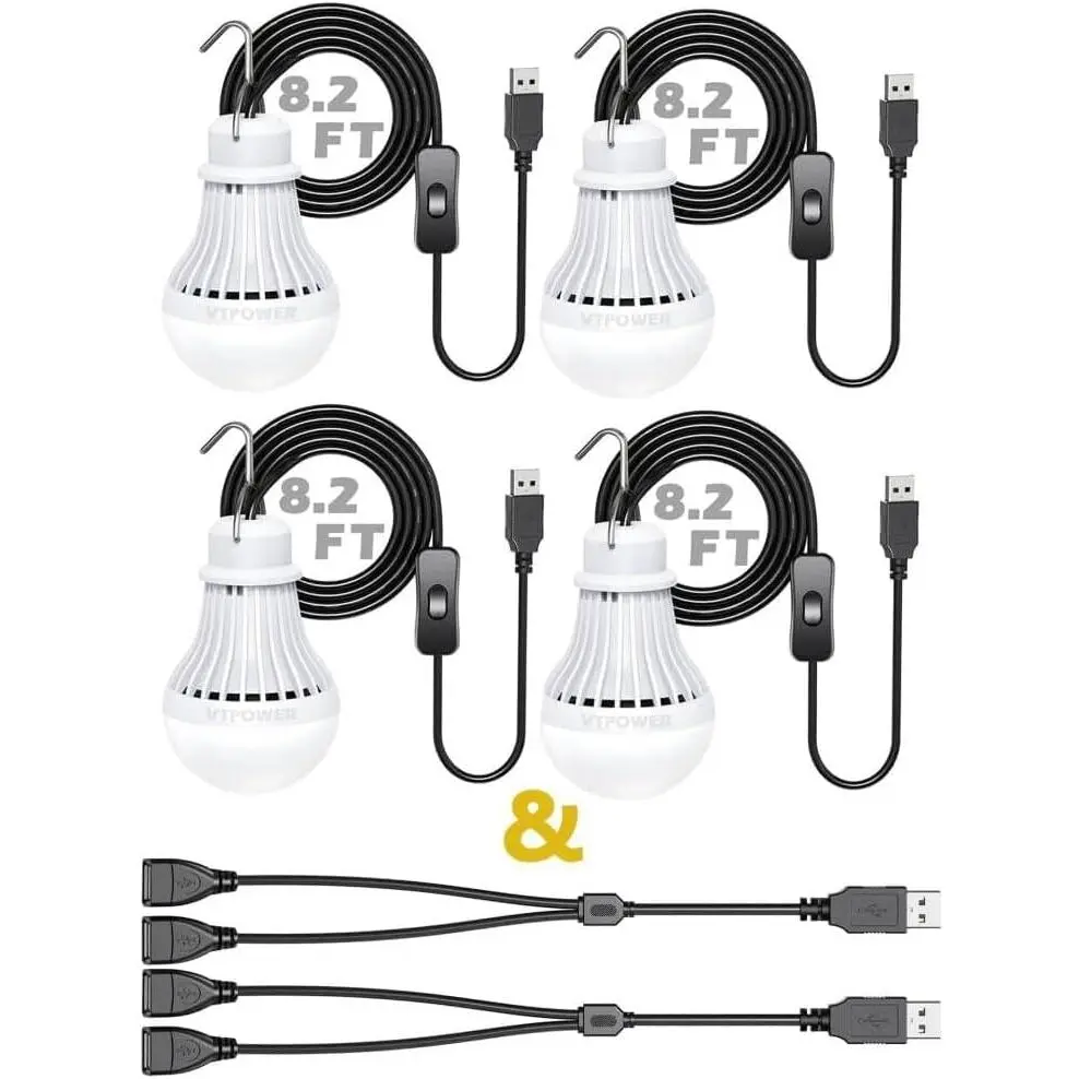 4 Pack USB LED Camping Lantern, 8.2 ft Extra Length Cord Tent Light with USB Y-, Portable LED Bulb for Garage, Warehouse, , , Fishing Boat, Room  Light, White