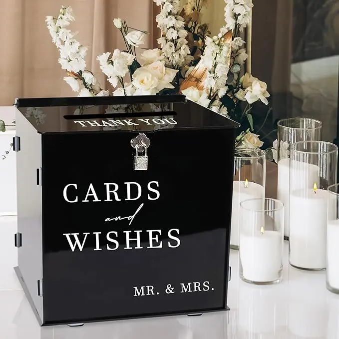 Black Acrylic Card Box with Slot & Lock, Gothic Wedding Card Boxes for Reception, Stylish Money Envelop Gift Cards Box for Party Wedding Engagement Bridal Shower Anniversary Table Decor