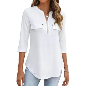 Women's 3/4 Length Sleeve V Neck Flowy Tunic Blouses Work Tops Shirts with Zippers