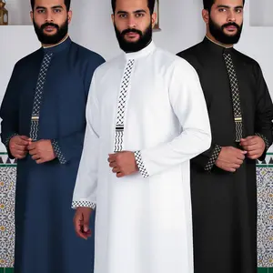 Men’s Modest Muslim Thobe, Lightweight Breathable Embroidery Arabic Robe, Long Sleeve Loose Fit Jubba for Daily Wear Ramadan Eid Casual Jubbah