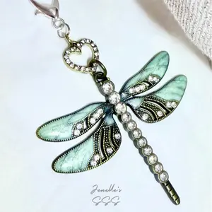 Rhinestone Emerald Tone Dragonfly with Heart Bead Clip On Bag Charm Fashion Accessory for Stylish Outfits