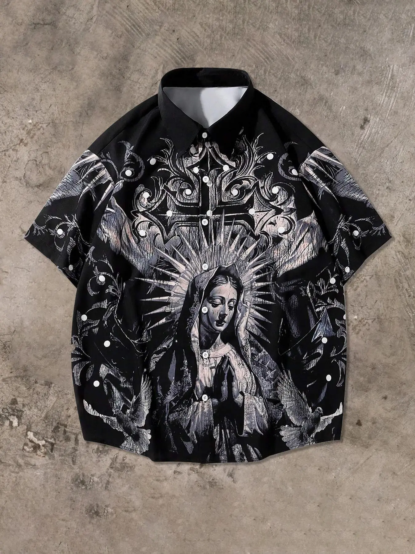 Men's Regular Fit Cross & Virgin Mary Print Short Sleeve Graphic Tee, Casual Style Tee, Casual Trendy Tee, Casual Comfy Round Neck T-shirt for Summer, Fashion Men's Top for Daily Wear, Tropical, Casual Graphic Design