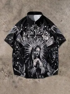 Men's Regular Fit Cross & Virgin Mary Print Short Sleeve Graphic Tee, Casual Style Tee, Casual Trendy Tee, Casual Comfy Round Neck T-shirt for Summer, Fashion Men's Top for Daily Wear, Tropical, Casual Graphic Design