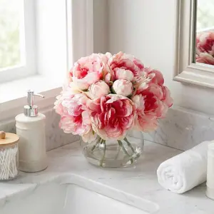 Artificial Peonies Flowers with Vase, Mixed Pink Silk Peony Bouquet with Faux Water in Glass Vase, Lifelike Fake Peonies Floral Arrangement for Table Centerpiece, Wedding, Home Living Room Decor