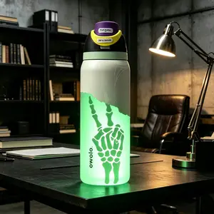 Owala FreeSip 32oz Vacuum Insulated Stainless Steel Water Bottle, Glow-In-The-Dark Skeleton Peace Hand & Spider Web Pattern, Leak Resistant Flip Straw Travel Tumbler Gothic Halloween Drink Cup