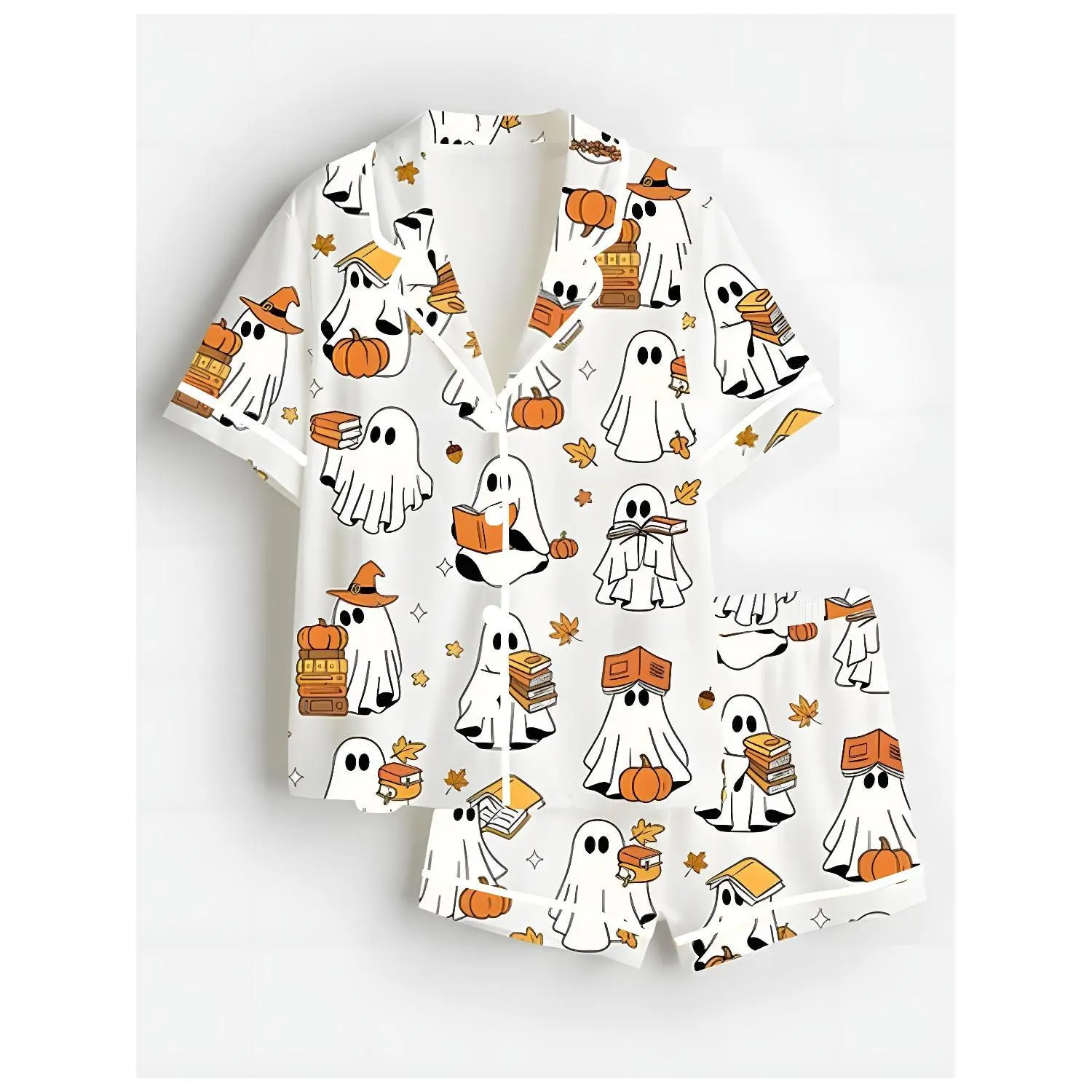 Adorable Ghost and Pumpkin Print Plus Size White Short Sleeve Button-Up Shirt and Shorts Loungewear Set