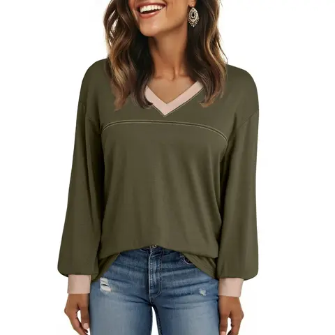 Dokotoo V Neck Long Sleeve T Shirts for Women Color Block Casual Tops | Knit Tops Basic Tees, Plus Size Tops S-3XL, Work Officewear, Comfy Sweatshirt, Fall Fashion 2026 Winter Layer Clothes