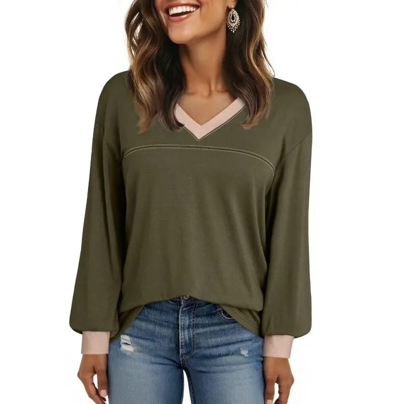 Dokotoo V Neck Long Sleeve T Shirts for Women Color Block Casual Tops | Knit Tops Basic Tees, Plus Size Tops S-3XL, Work Officewear, Comfy Sweatshirt, Fall Fashion 2026 Winter Layer Clothes