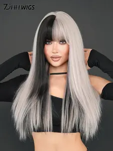 26 Inch Long Straight Long Straight Gray with Black Wigs for Women, 2024 Beginners Glueless Wig, Gorgeous Fluffy Wigs with Bangs, Synthetic Fiber Wigs for Party, Daily  Hairstyles Ideas Use, Synthetic Material Wigs